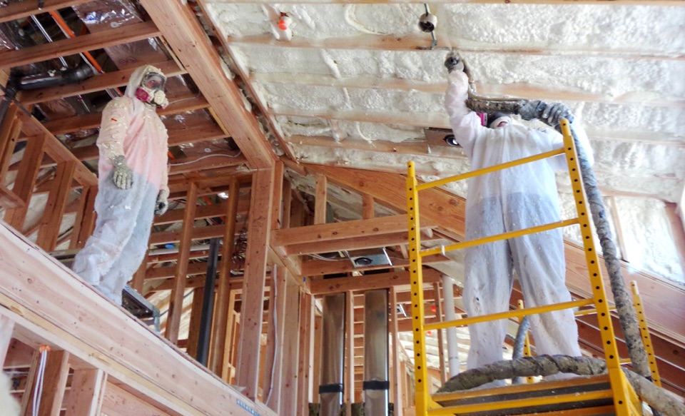 Spray foam applied between the stud bays of a new build